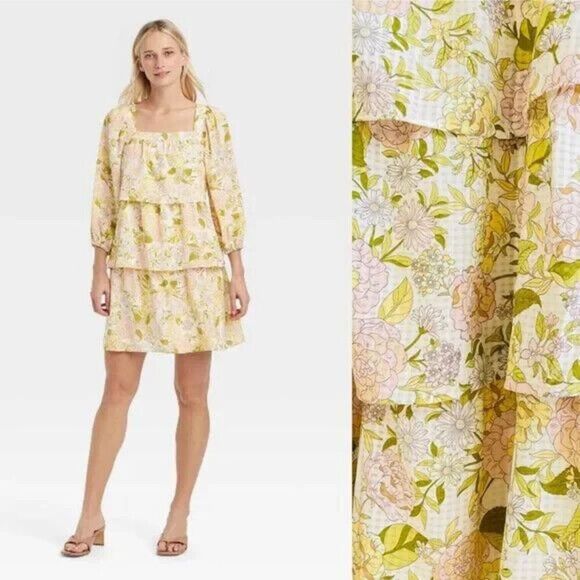 Who What Wear Pastal Floral Dress Women Medium Ruffle Cottagecore Yellow Tiered - Picture 1 of 11